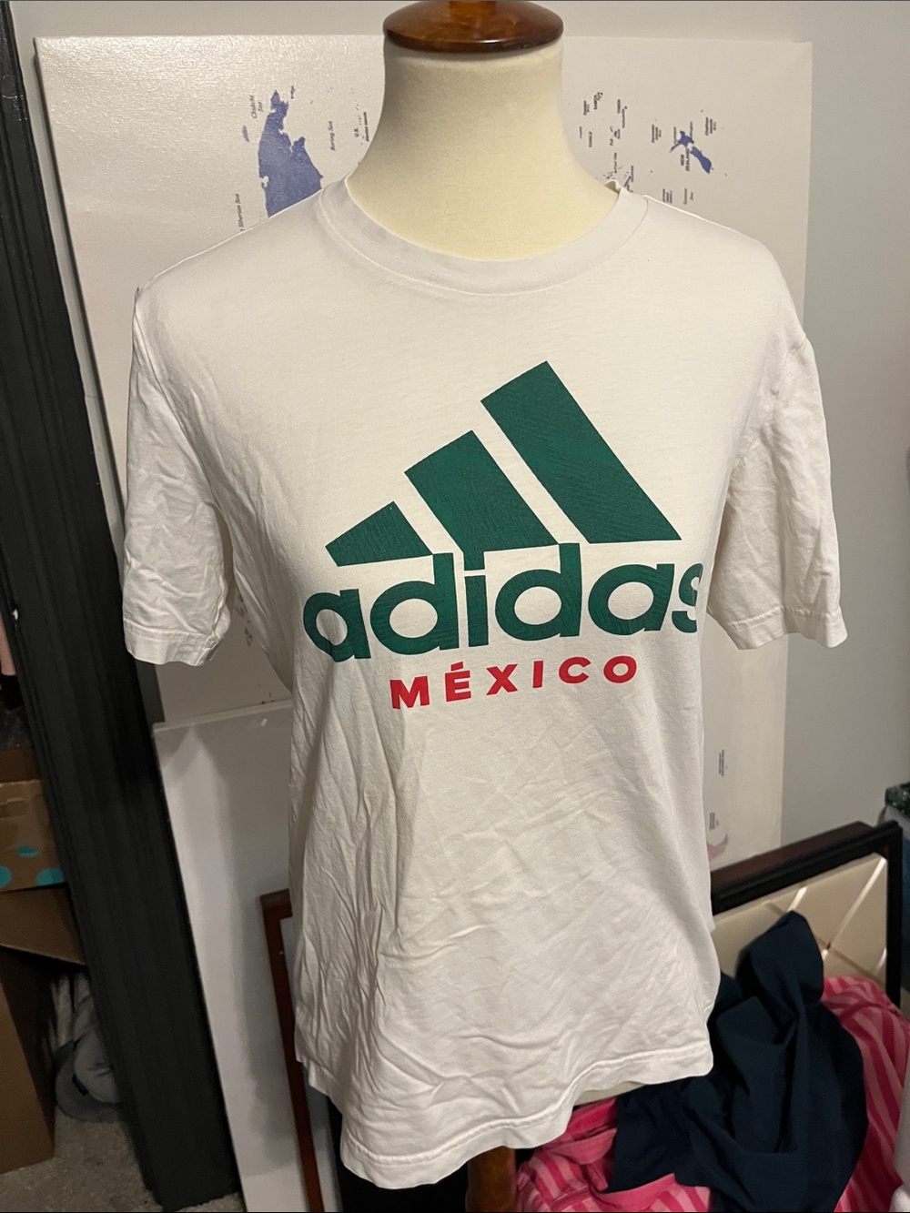 adidas White Short-Sleeve Logo Tee with Green and Red Accents